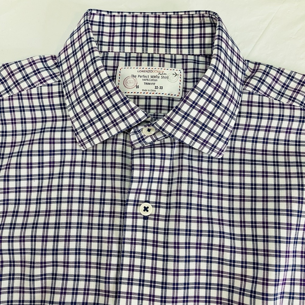 Lorenzo Uomo Mens Purple Plaid Trim Fit Long Slv Button Down Shirt Size 16 32/33